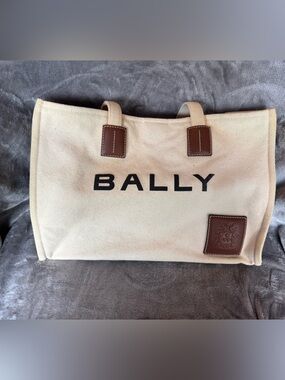 Bally Beige Canvas Tote with Brown Leather Trim